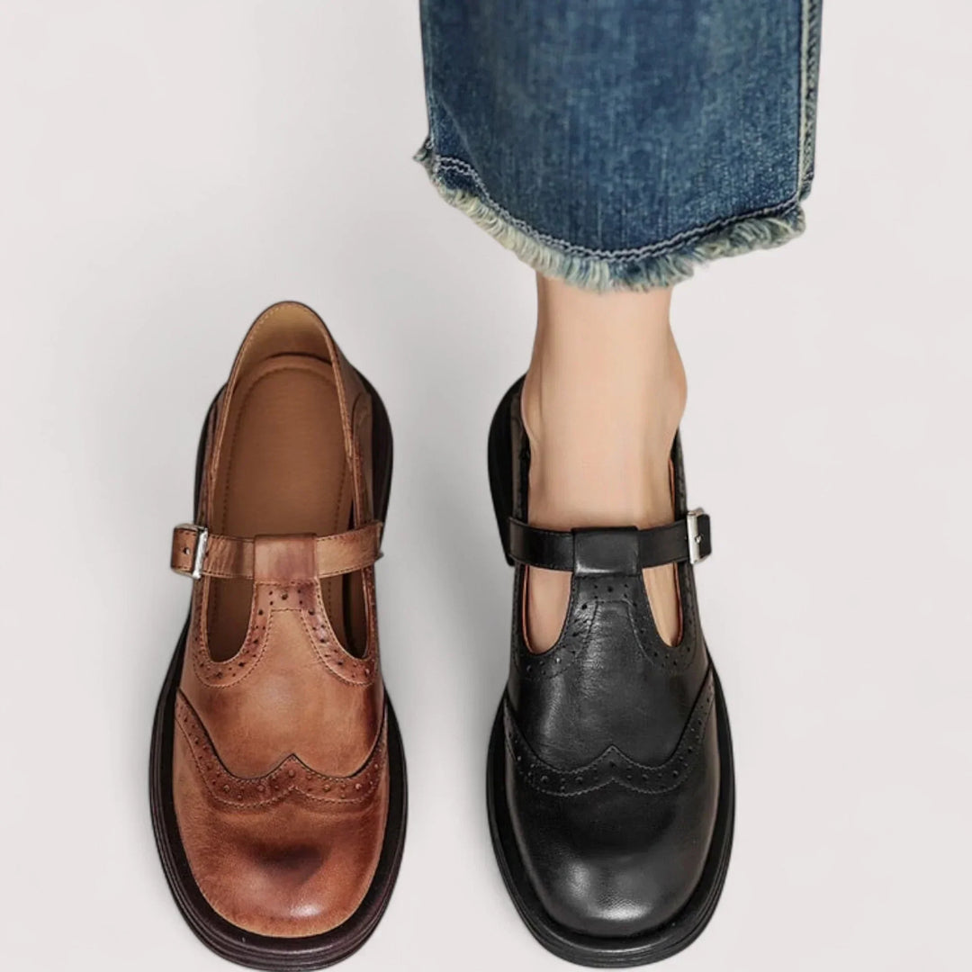 Front view of women's casual orthopedic Mary Jane shoes, providing comfort and essential arch support.