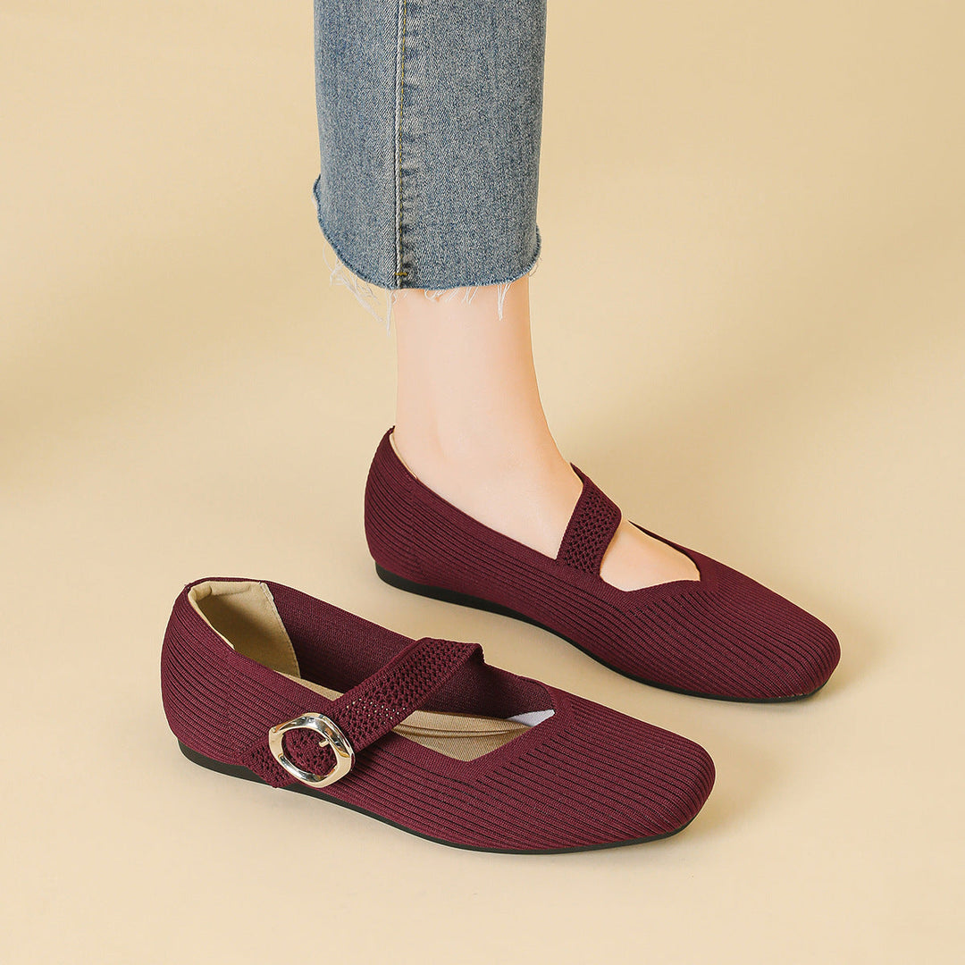 Close-up of women's orthopedic Mary Jane flats, highlighting the comfortable square toe and v-cut strap.