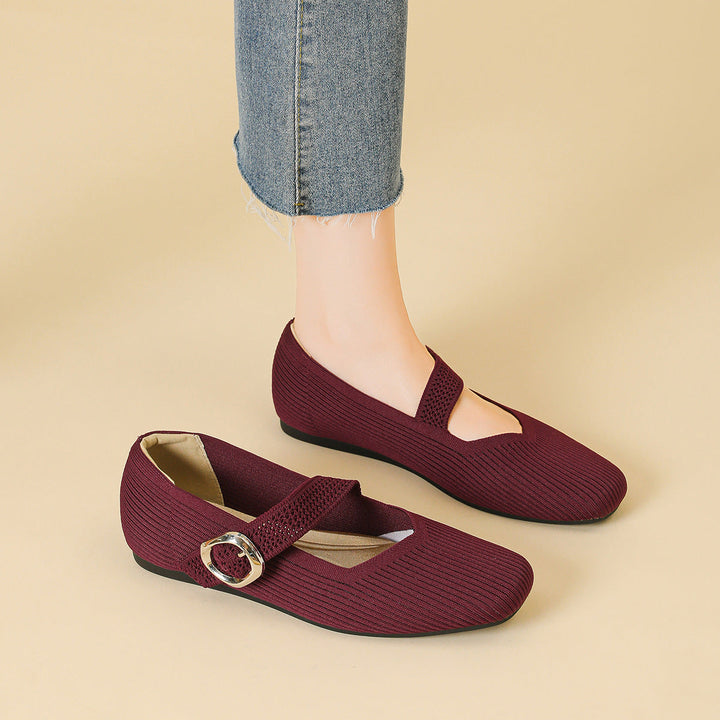 Close-up of women's orthopedic Mary Jane flats, highlighting the comfortable square toe and v-cut strap.