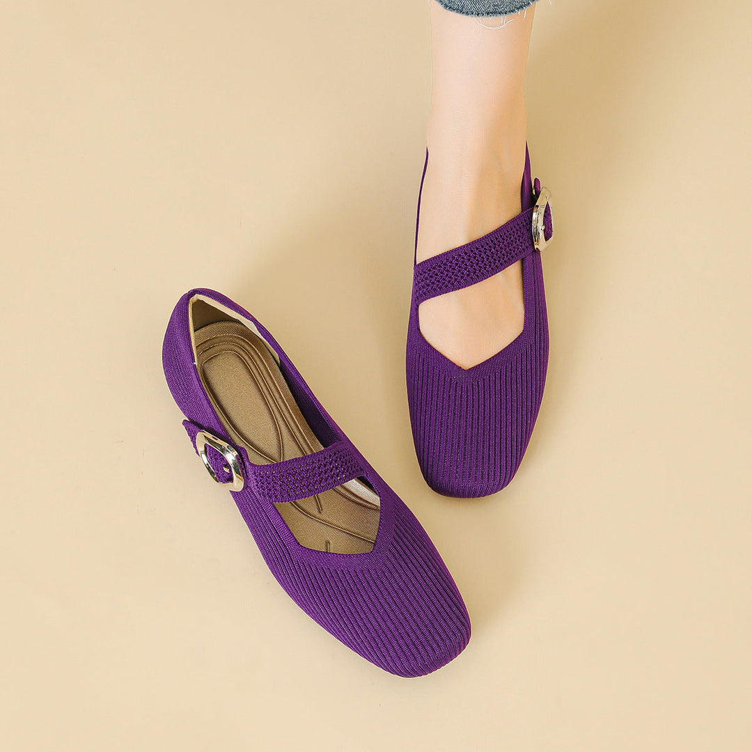 Side view of women's stylish Mary Jane flats, orthopedic comfort, with a chic square toe design.