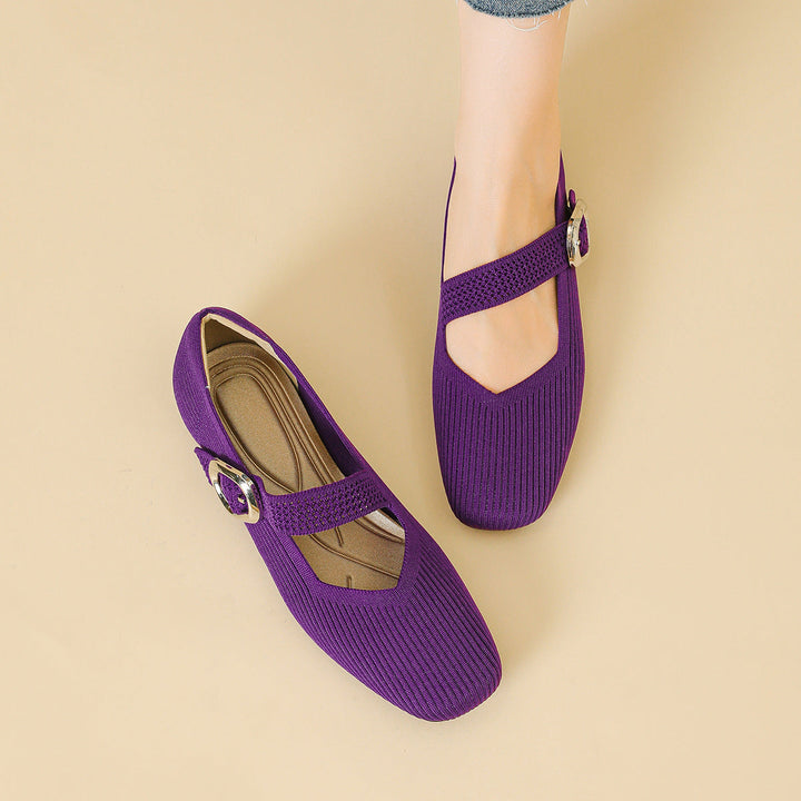 Side view of women's stylish Mary Jane flats, orthopedic comfort, with a chic square toe design.