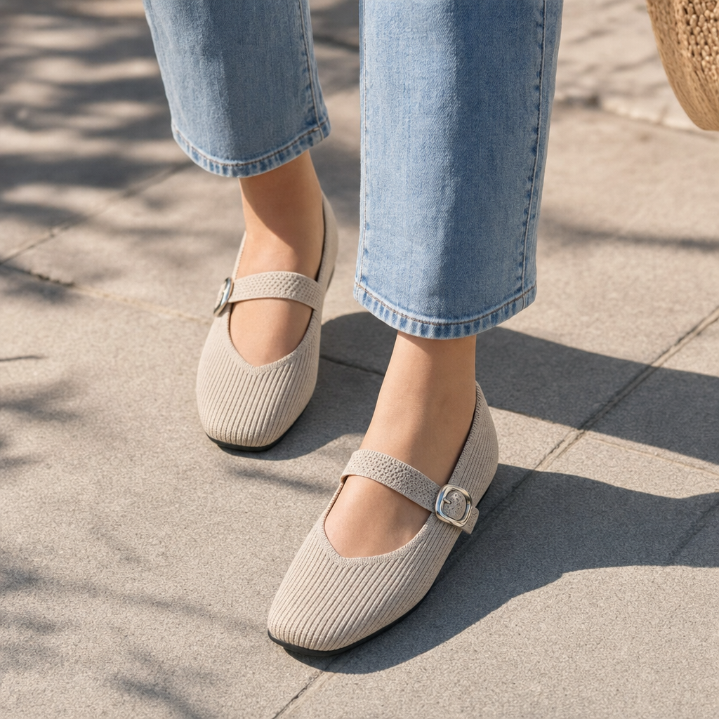 Stylish women's Mary Jane flats, orthopedic support with a modern square toe and v-cut strap.