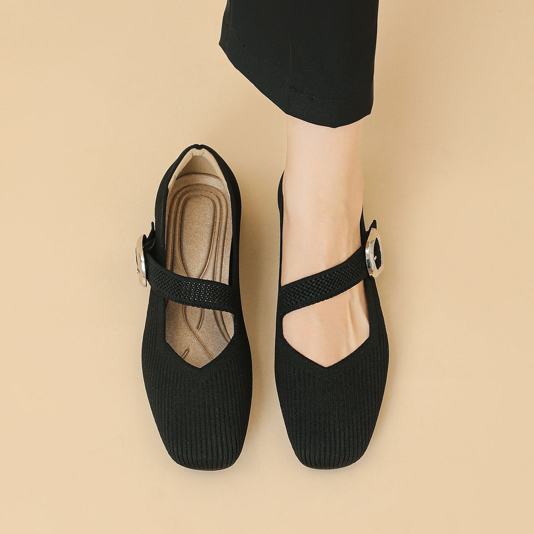 Women's casual Mary Jane flats, v-cut strap detail, comfortable orthopedic footwear with a square toe.