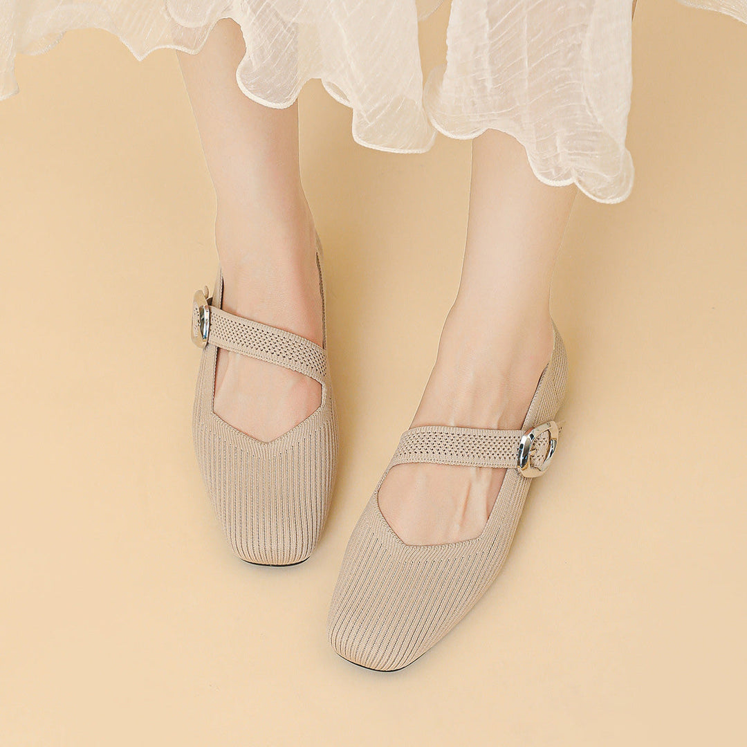 Fashionable women's footwear: Mary Jane flats with orthopedic support, comfortable square toe, & v-cut strap.