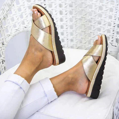 Slip-on women's sandals, orthopedic arch support. Adjustable design ensures comfortable summer footwear for walking.