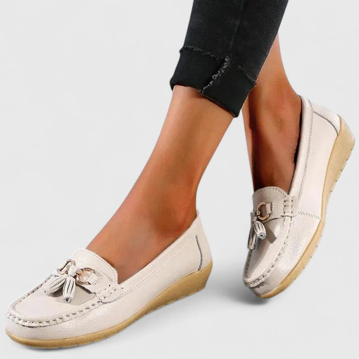 Close-up of the comfortable cushioned sole of women's orthopedic slip-on loafers.