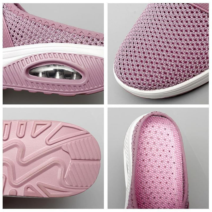 Comfortable women's slip-on walking shoe, side view, ergonomic design & cushioned sole.