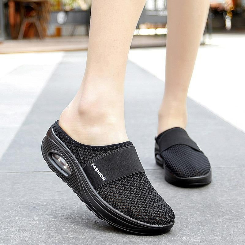 Front view of women's easy wear casual orthopedic slip-on shoes with soft upper.