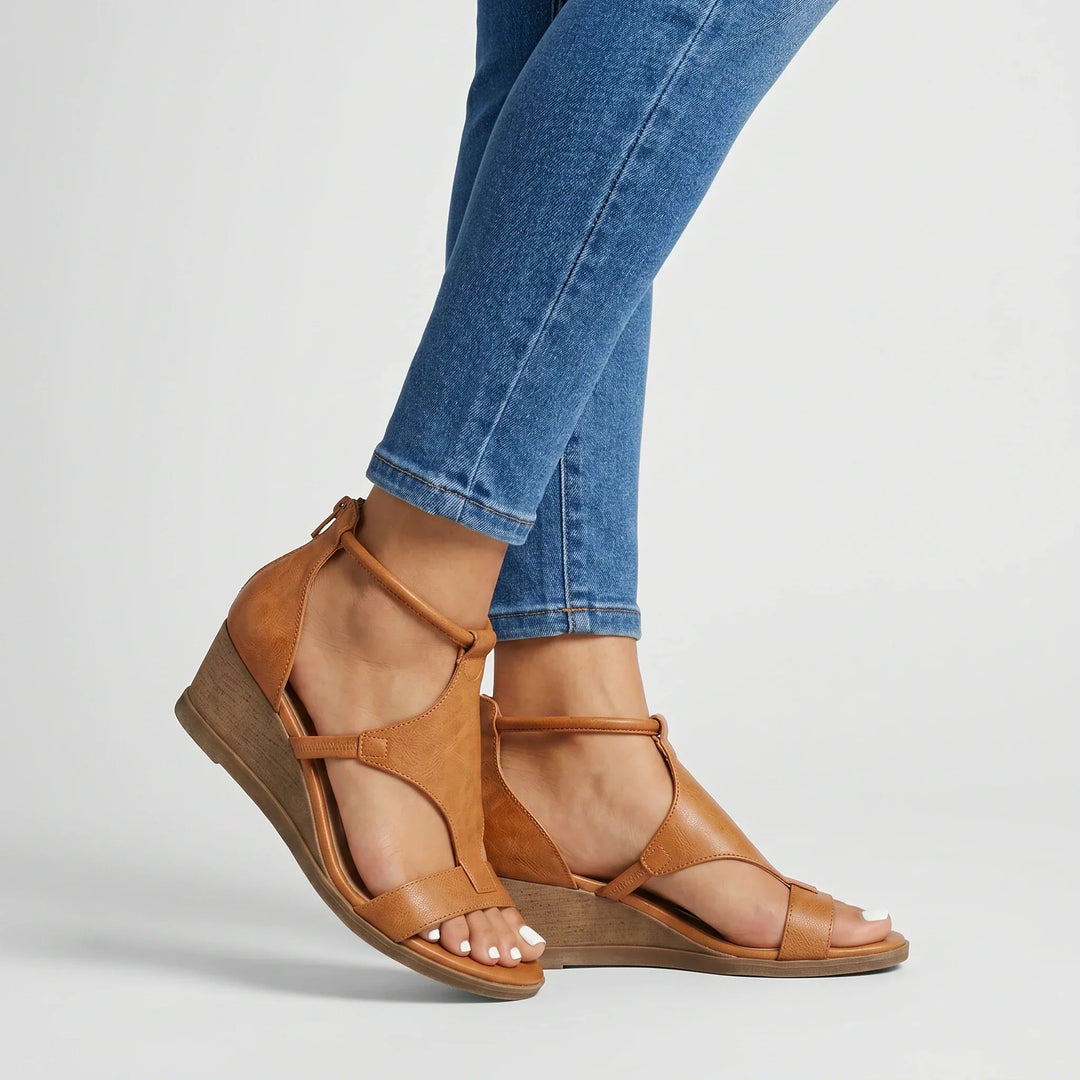 Women's orthopedic strappy summer sandals in beige, providing arch support and comfortable relief for walking.