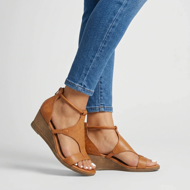 Women's orthopedic strappy summer sandals in beige, providing arch support and comfortable relief for walking.