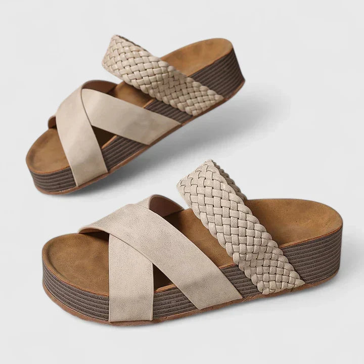 Women's orthopedic wedge platform sandals with stylish woven crossover straps, perfect for summer comfort & support.