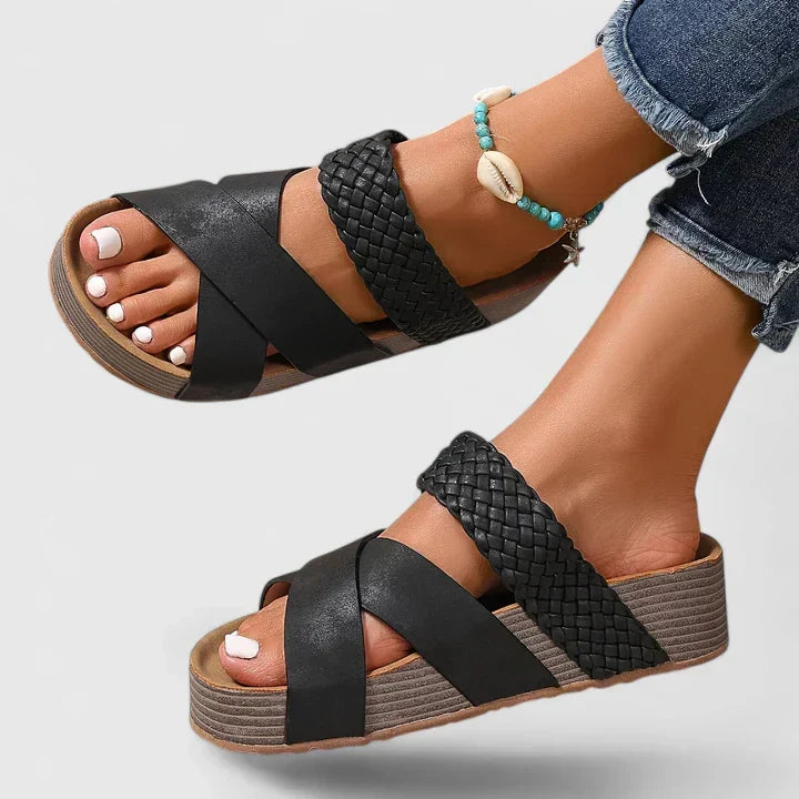 Chic women's wedge platform sandals with woven crossover straps, ideal for summer fashion, resort wear, and casual comfort.
