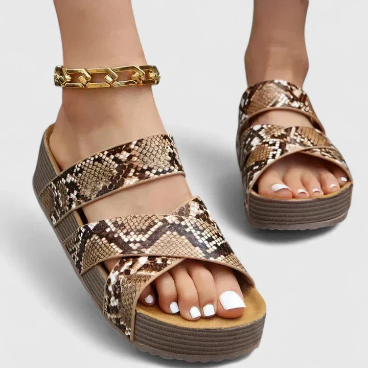 Stylish women's wedge platform sandals, orthopedic support, woven crossover straps, perfect for warm weather and comfort.