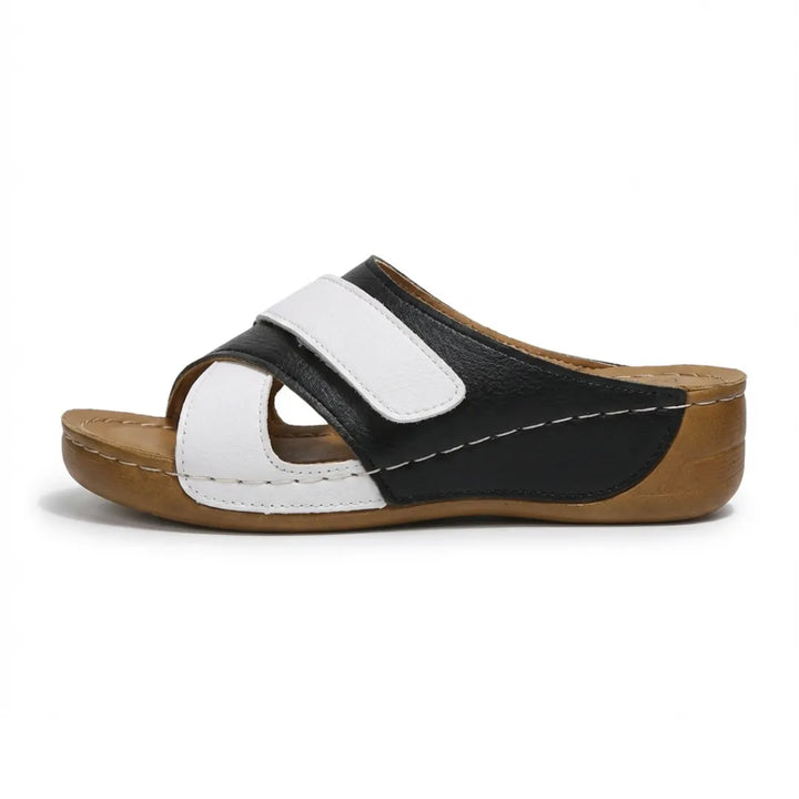 Women's Orthopedic Wedge Sandals, black with arch support & adjustable strap for comfort.