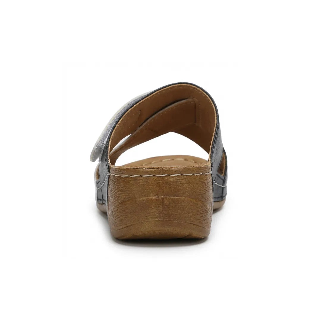 Black women's orthopedic wedge sandals, designed for ultimate comfort & arch support.