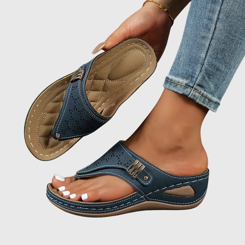 Comfortable women's orthopedic wedge sandals. Slip-on design with arch support for all-day wear & shock absorption.