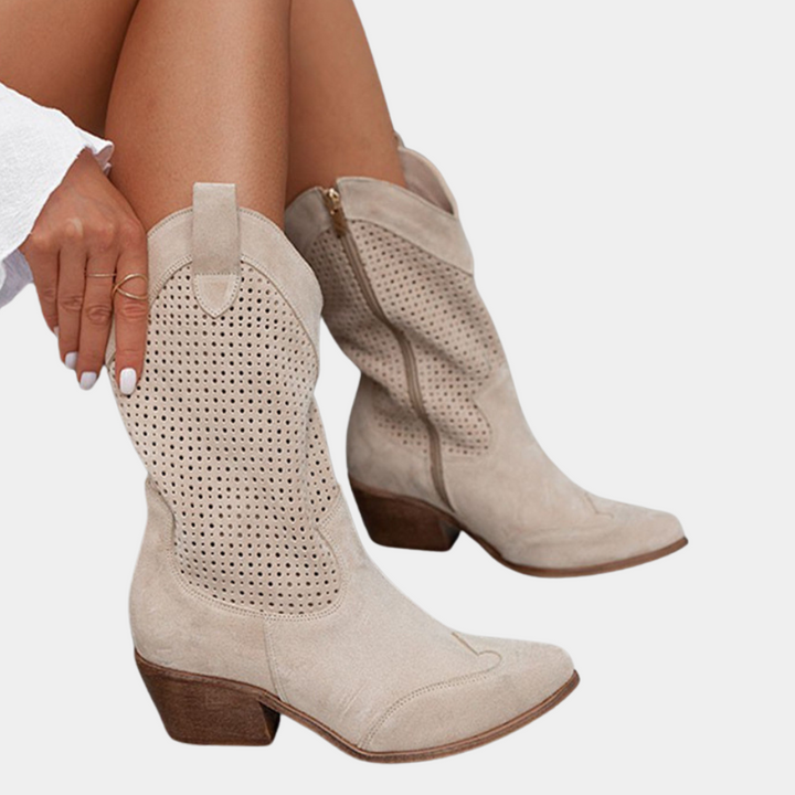 Profile view of women's orthopedic Western cowboy boots, highlighting stacked heel & comfortable design.