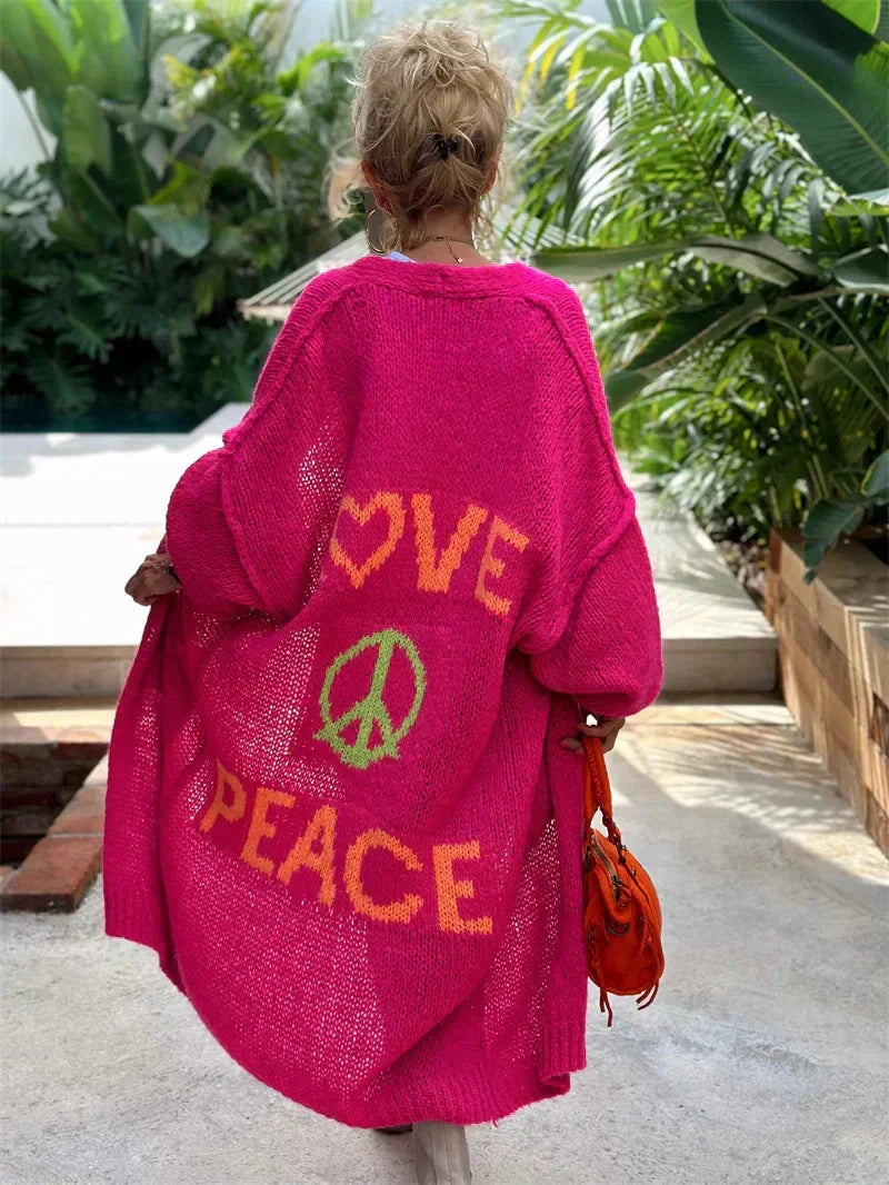 Women's oversized bohemian knit cardigan, longline & relaxed fit for effortless hippie style.