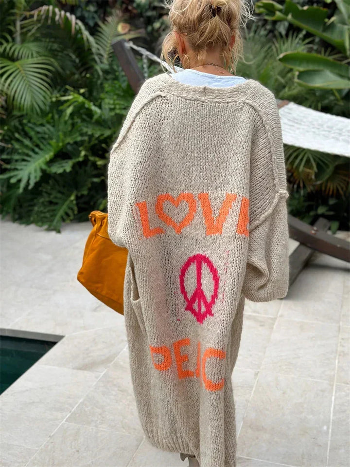 Longline, open front women's oversized bohemian knit cardigan. Relaxed fit Faye style, vibrant & effortless.