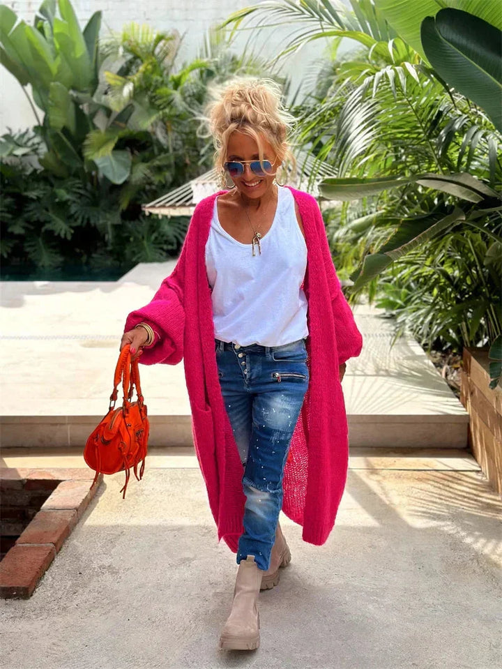 Faye women's oversized bohemian knit cardigan. Longline, open front, relaxed fit, perfect hippie statement.