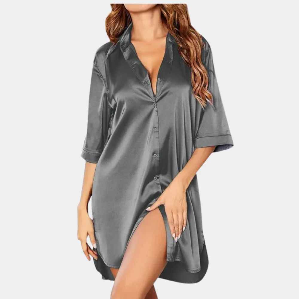 Relaxed fit women's half-sleeve button-down sleep shirt, ideal as a comfortable nightgown or pajama.