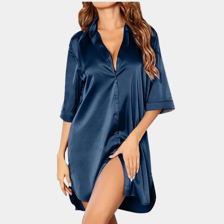 Versatile women's oversized half-sleeve button-down dress, wear as a sleep shirt, mini dress, or loungewear.
