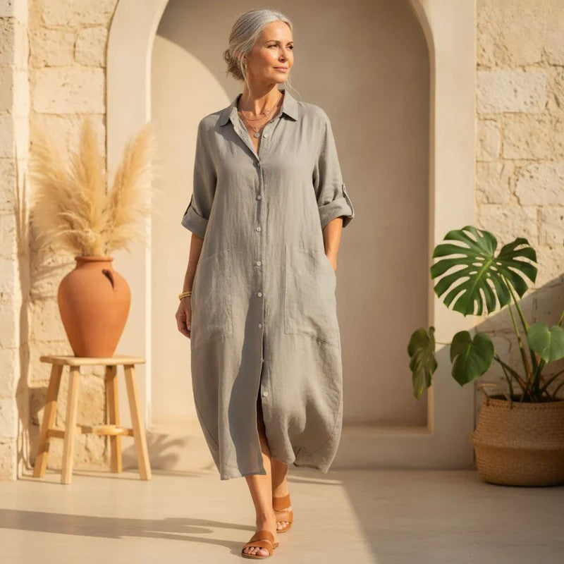 Women's oversized button down shirt dress, casual midi length with pockets, perfect for summer fashion.