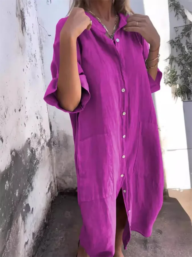 Chic women's oversized button down shirt dress for summer, a relaxed fit casual midi with pockets.