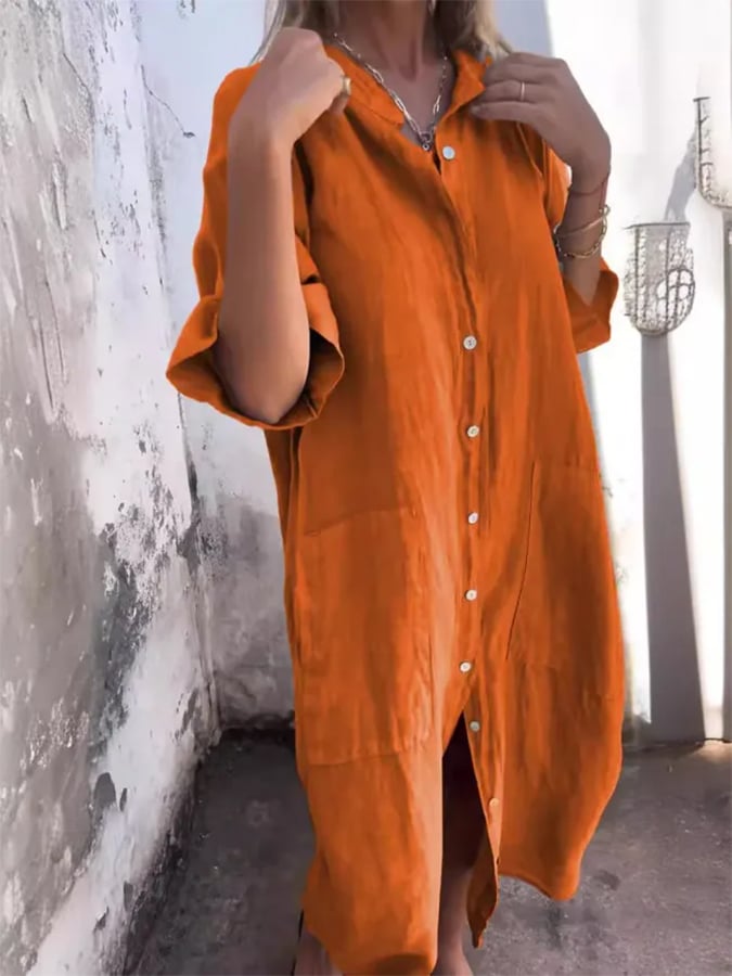 Comfortable women's oversized button down shirt dress, casual midi style with pockets, perfect for relaxed summer days.