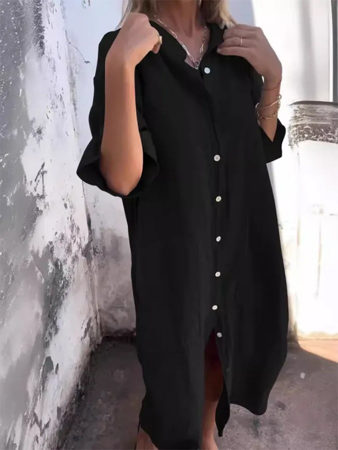 Women's oversized button down shirt dress, a comfortable midi and beach cover-up with pockets for summer style.