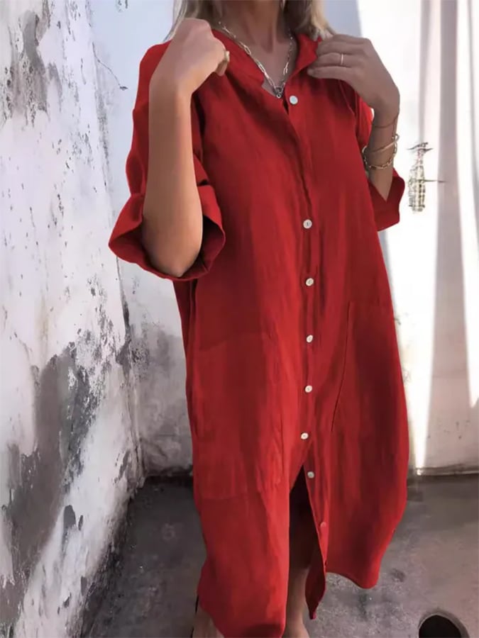 Flowy women's oversized button down midi shirt dress, casual style with pockets, great for summer and beach days.