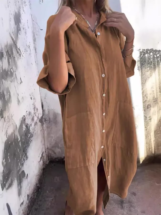 Relaxed fit women's oversized button down shirt dress, versatile casual midi with pockets, ideal for summer fashion.