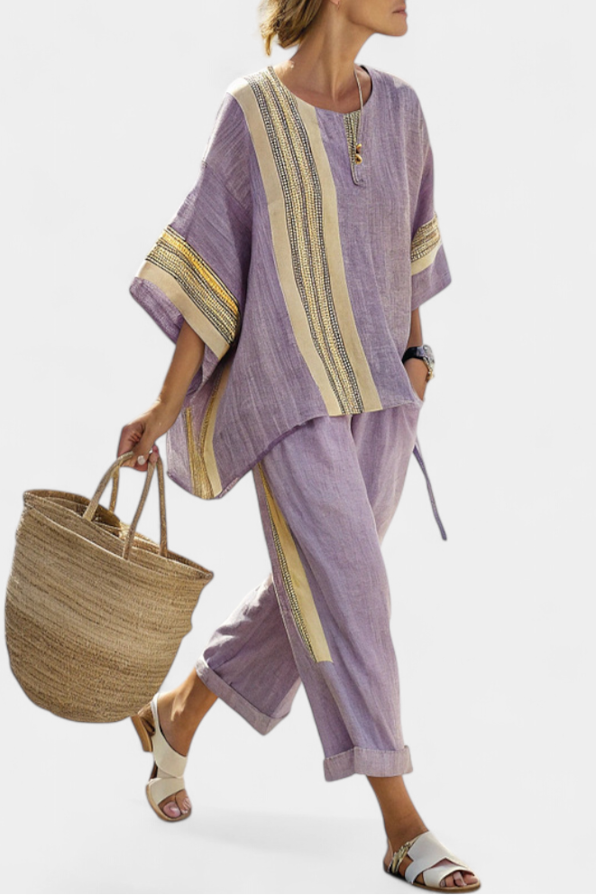 Women's oversized embroidered stripe two-piece set, relaxed fit top & trousers for summer resort.