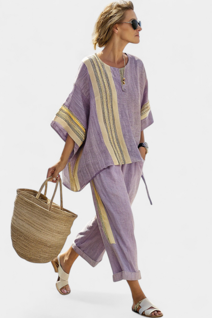 Relaxed fit women's oversized two-piece set with elegant embroidery and stripe details, casual.