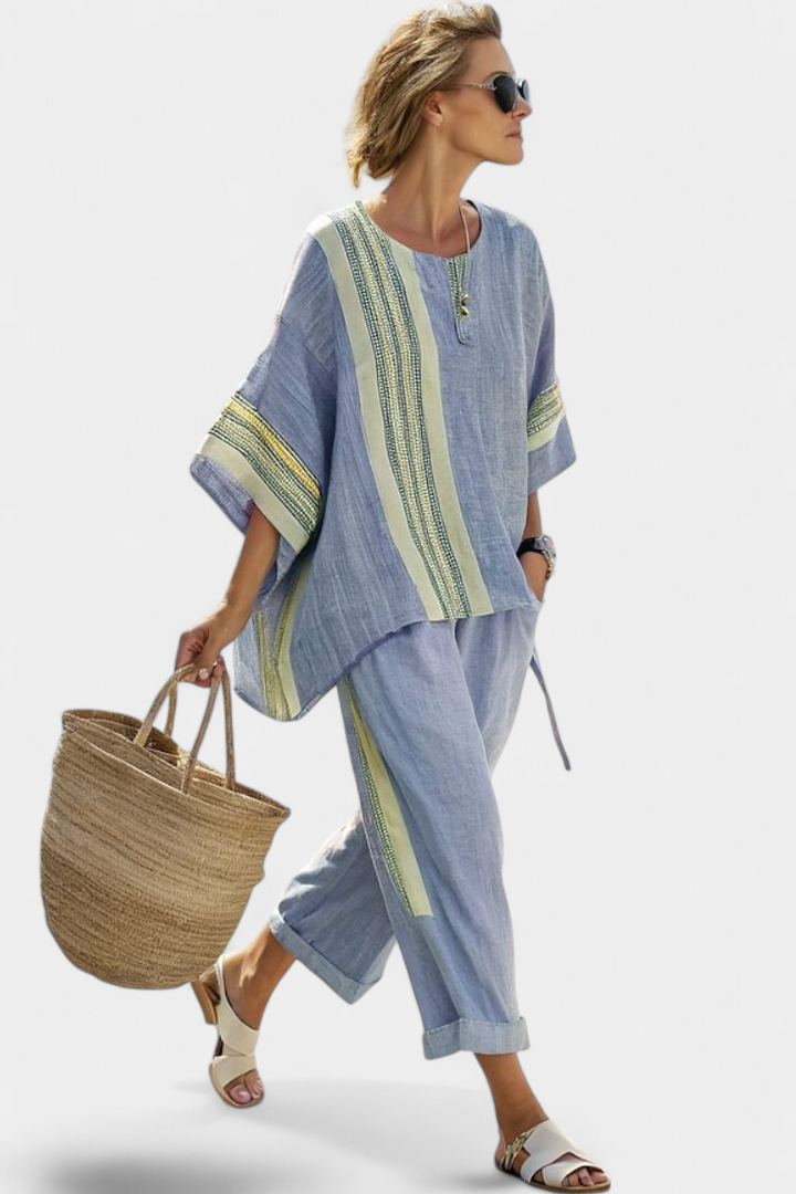Women's oversized embroidered stripe two-piece set, a chic and relaxed summer co-ord outfit.