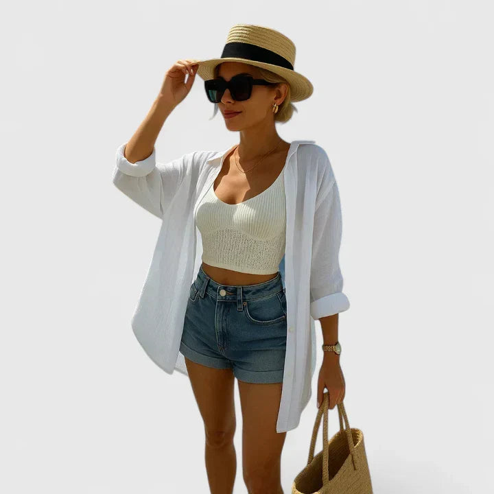 Women's oversized Evil Eye button-down beach shirt, a stylish long-sleeve cover-up perfect for summer and resort wear.