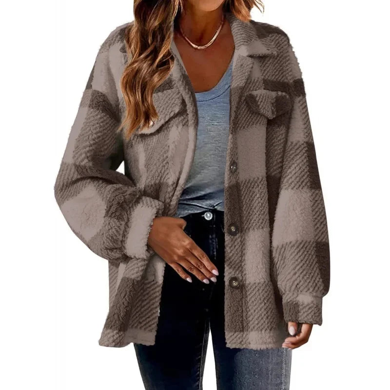 Trendy women's oversized fleece plaid shacket, button-front, cozy outerwear.