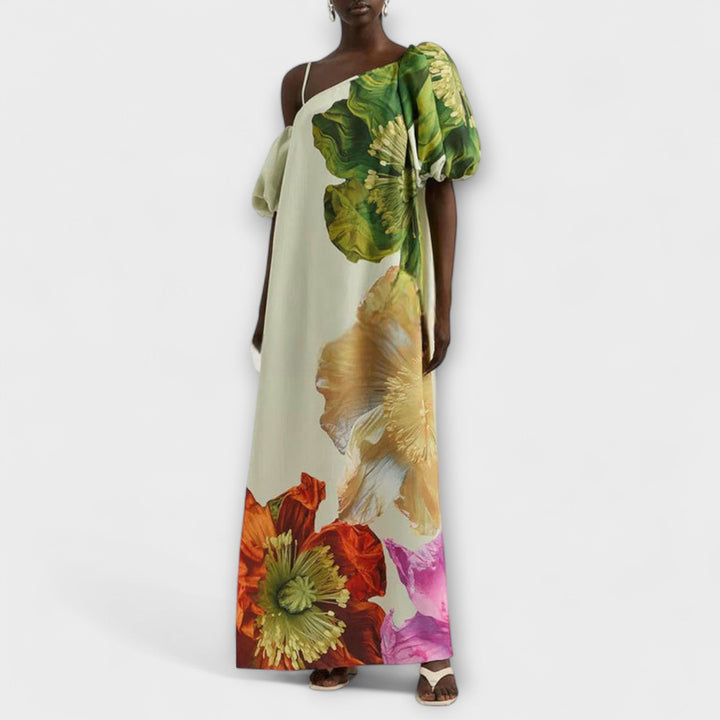 Bohemian oversized floral maxi dress for women, featuring elegant off-shoulder puff sleeves, ideal vacation wear.