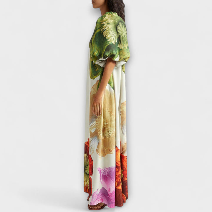 Stunning women's floral off-shoulder maxi dress with puff sleeves, an oversized summer fashion statement.