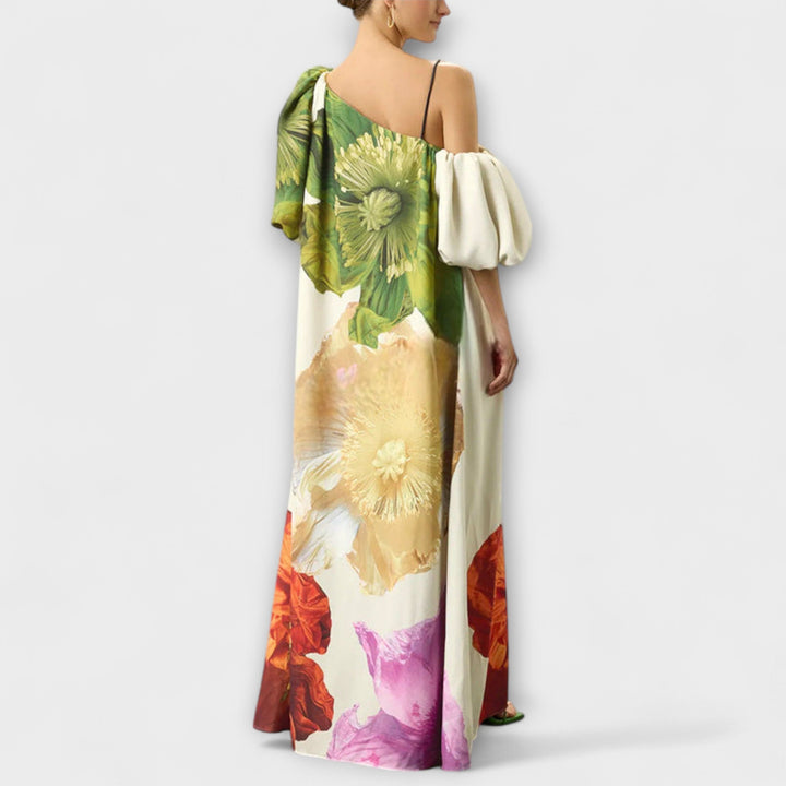 Flowy oversized floral maxi dress for women, off-shoulder design with puff sleeves, perfect resort wear.
