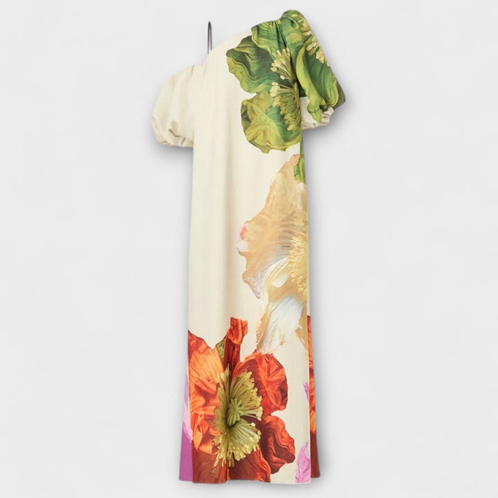 Elegant women's oversized maxi dress with beautiful floral print, off-shoulder neckline & dramatic puff sleeves.
