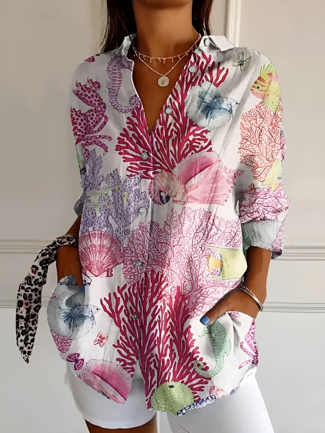 Comfortable women's oversized floral vine print blouse. Relaxed fit button down, great for summer casual wear.