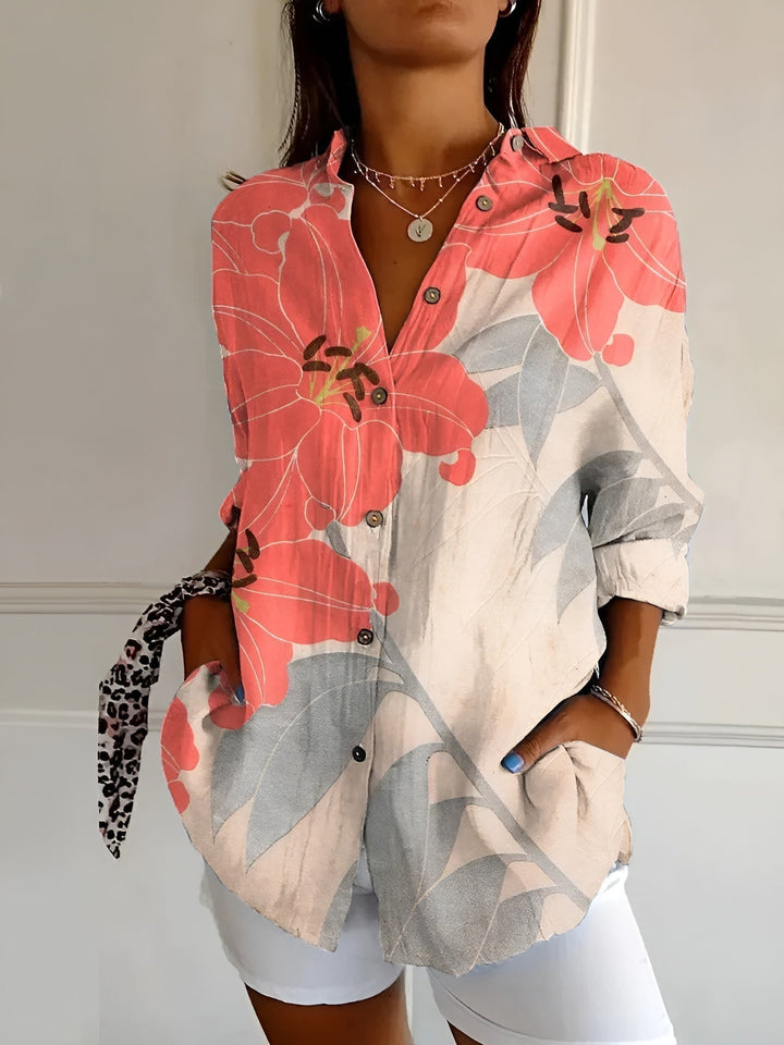 Front view: Women's oversized floral vine print button down blouse. Relaxed fit long sleeve for spring/summer.
