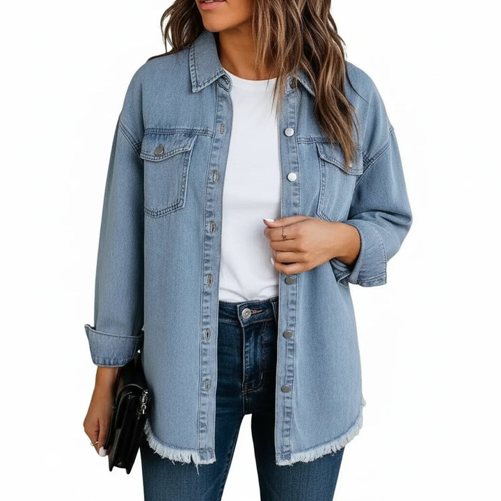Trendy women's oversized fringe hem shirt jacket. A must-have casual outerwear piece with a relaxed fit.