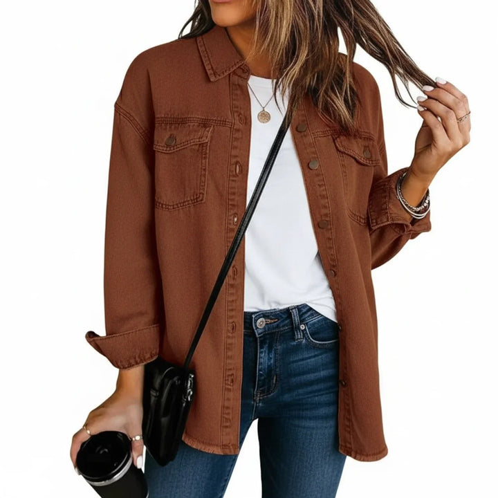 Relaxed fit women's oversized fringe hem shirt jacket. Trendy casual outerwear, great as a layering piece.