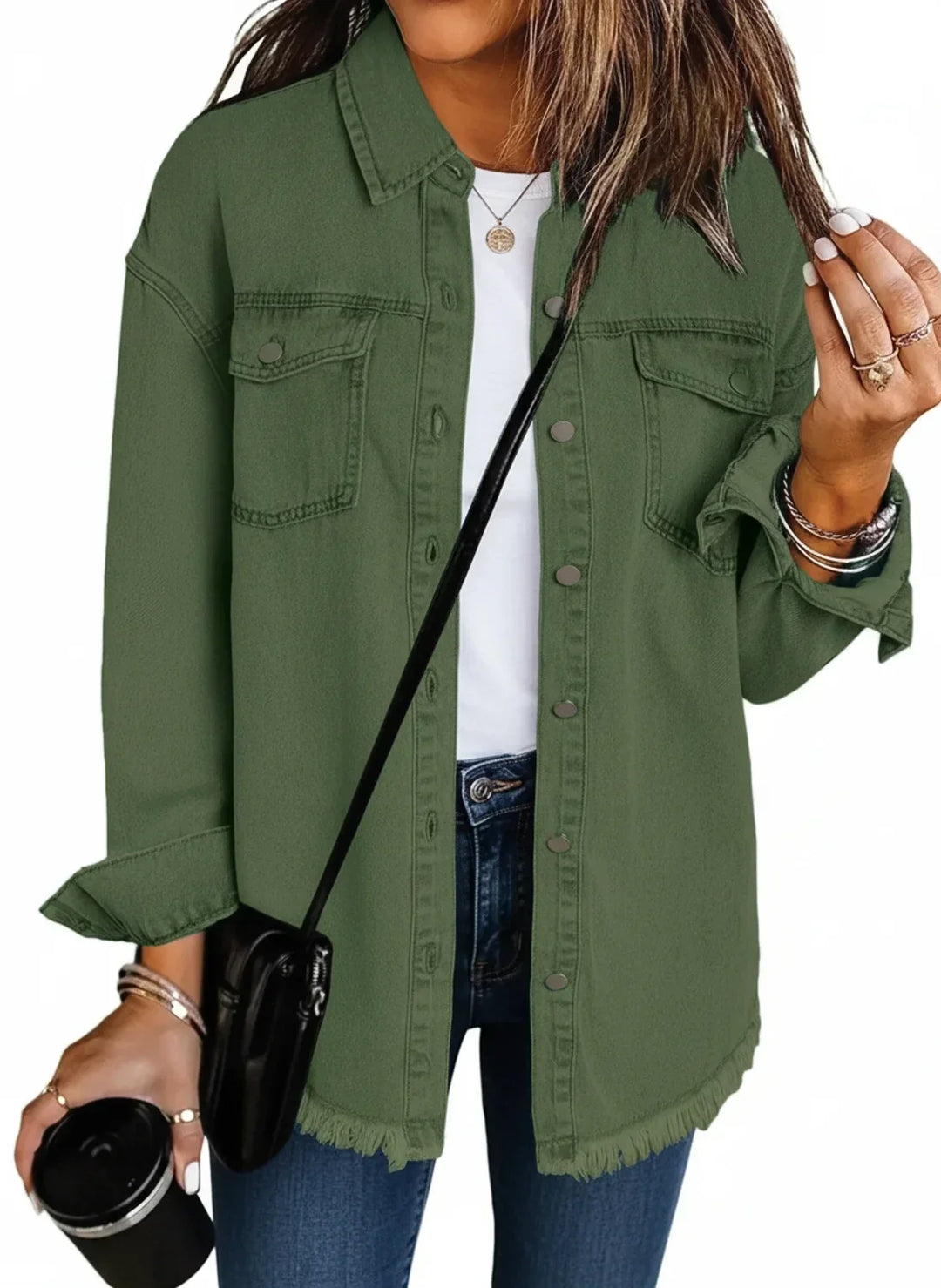 Stylish women's oversized jacket with eye-catching fringe hem detail. A versatile button-down shirt jacket.