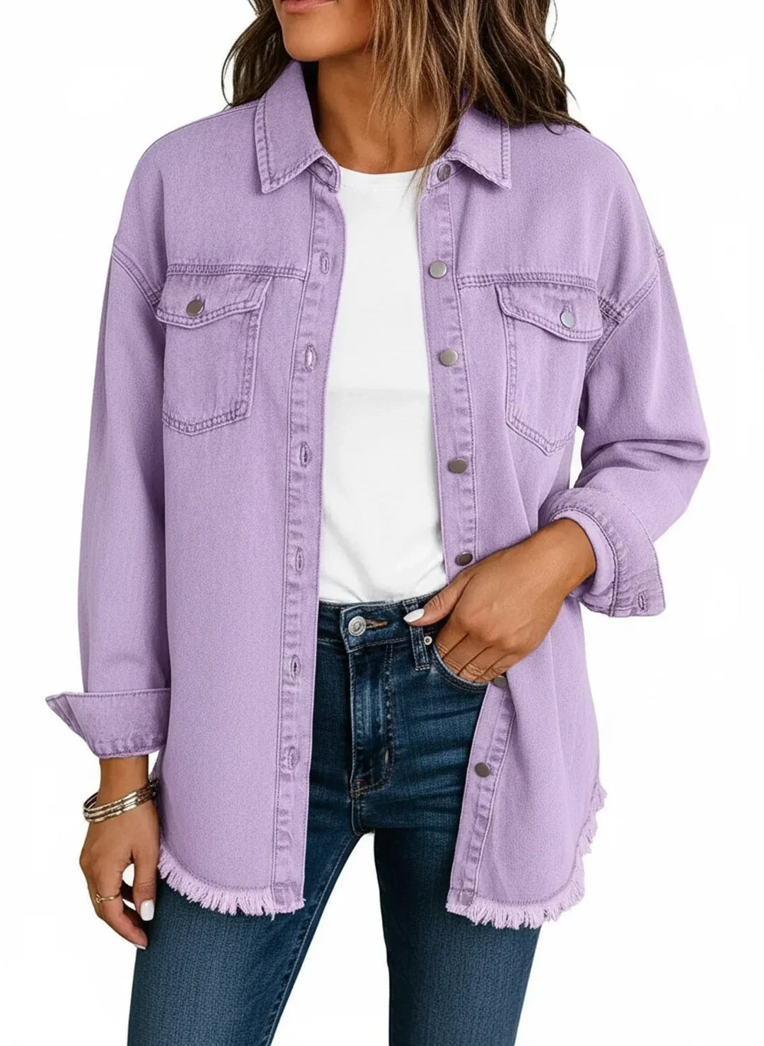 Soft women's oversized fringe hem shirt jacket, a comfortable button-down for casual chic outfits.