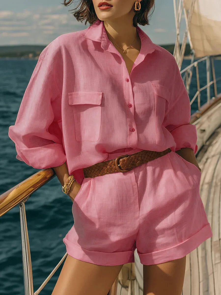 Women's oversized long sleeve & shorts two-piece set, ideal for casual summer outfits, loungewear, or beachwear.