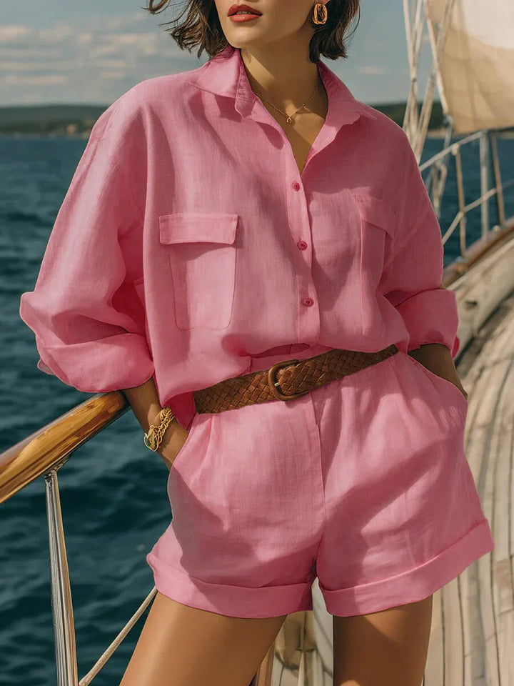 Women's oversized long sleeve & shorts two-piece set, ideal for casual summer outfits, loungewear, or beachwear.