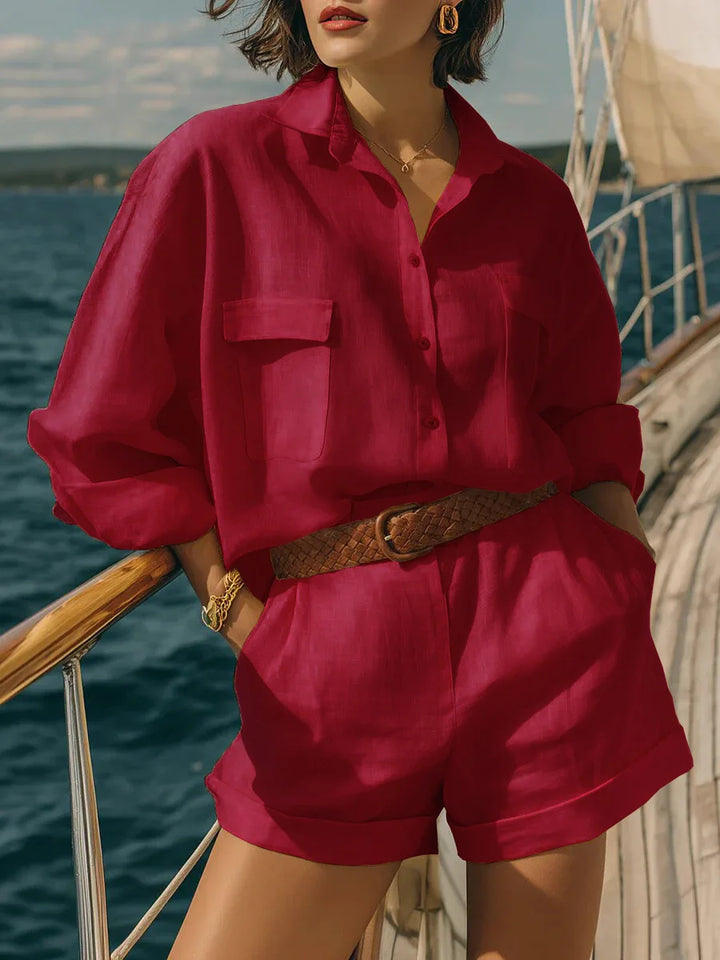 Comfortable women's oversized long sleeve matching shorts set, a breathable two-piece for summer, vacation, or loungewear.